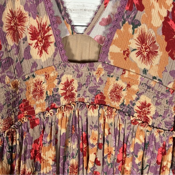 Free People Sweet Dreams Taupe Combo Printed Rayon Crinkle Mini Raw Hem Dress S - Picture 10 of 13